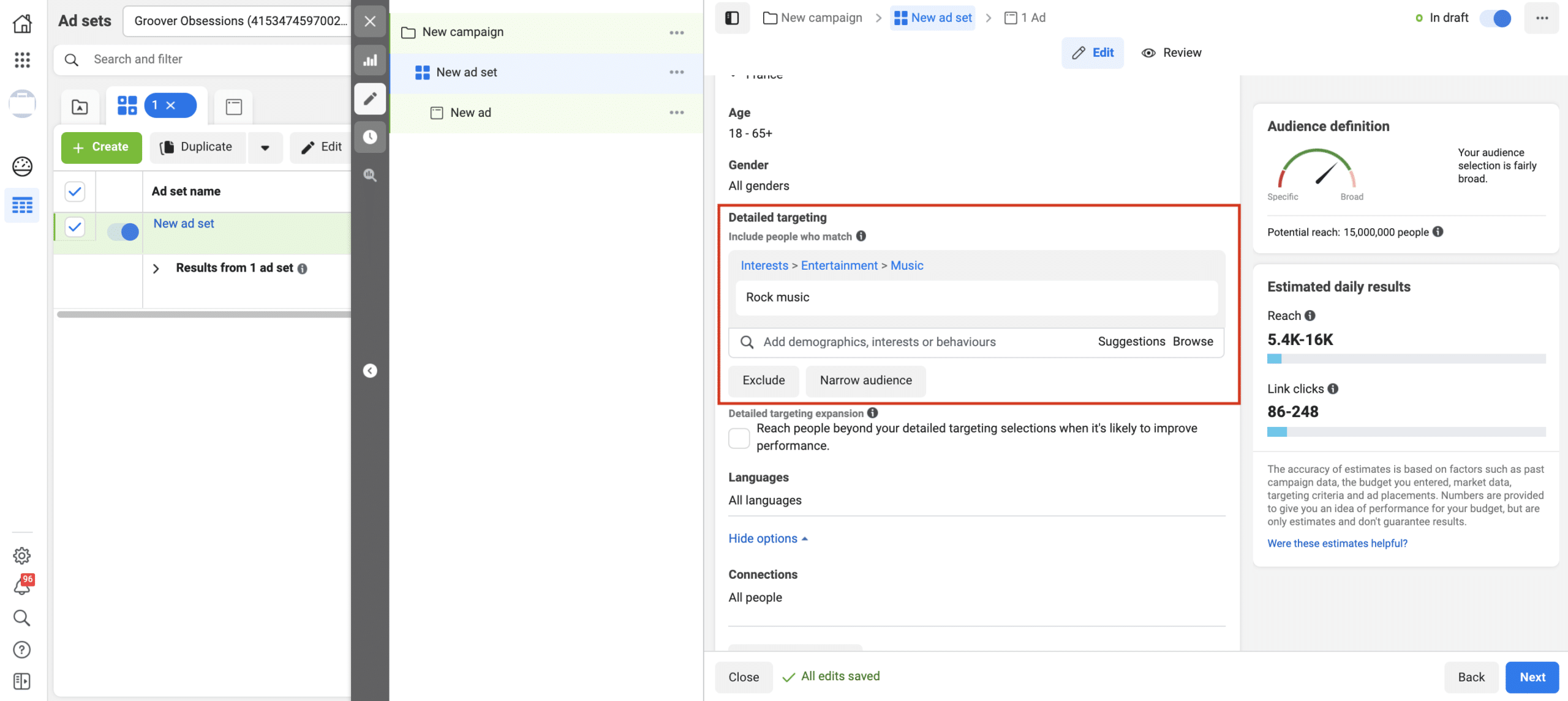 Creation of advanced targeting on Facebook Ads