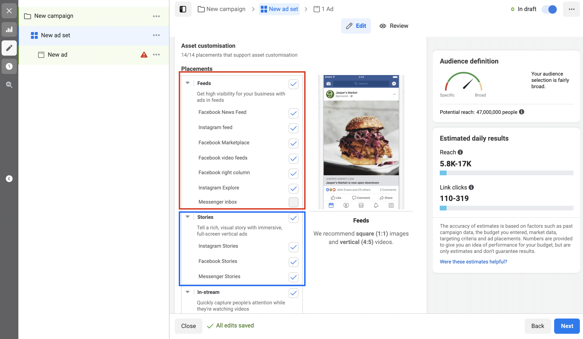 The different Facebook and Instagram ads placements