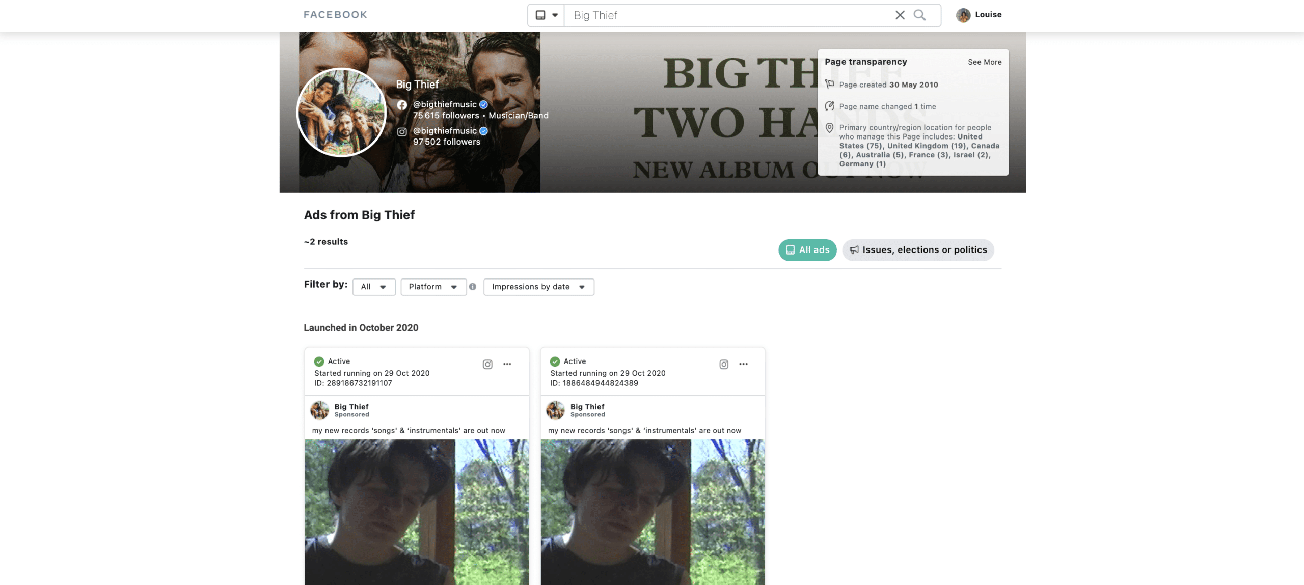 Facebook library, example of Big Thief ads